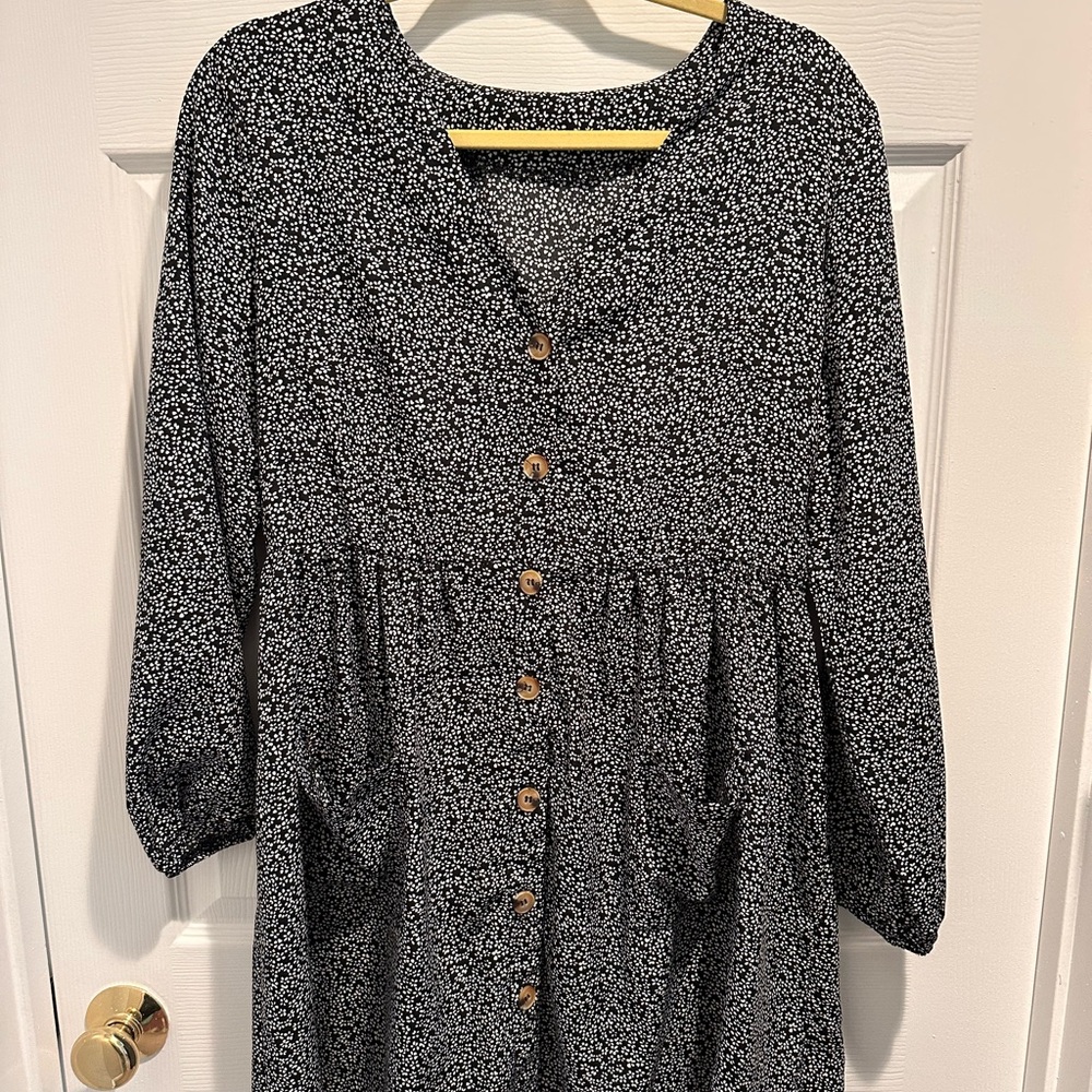Navy and White Floral Button-Front Dress